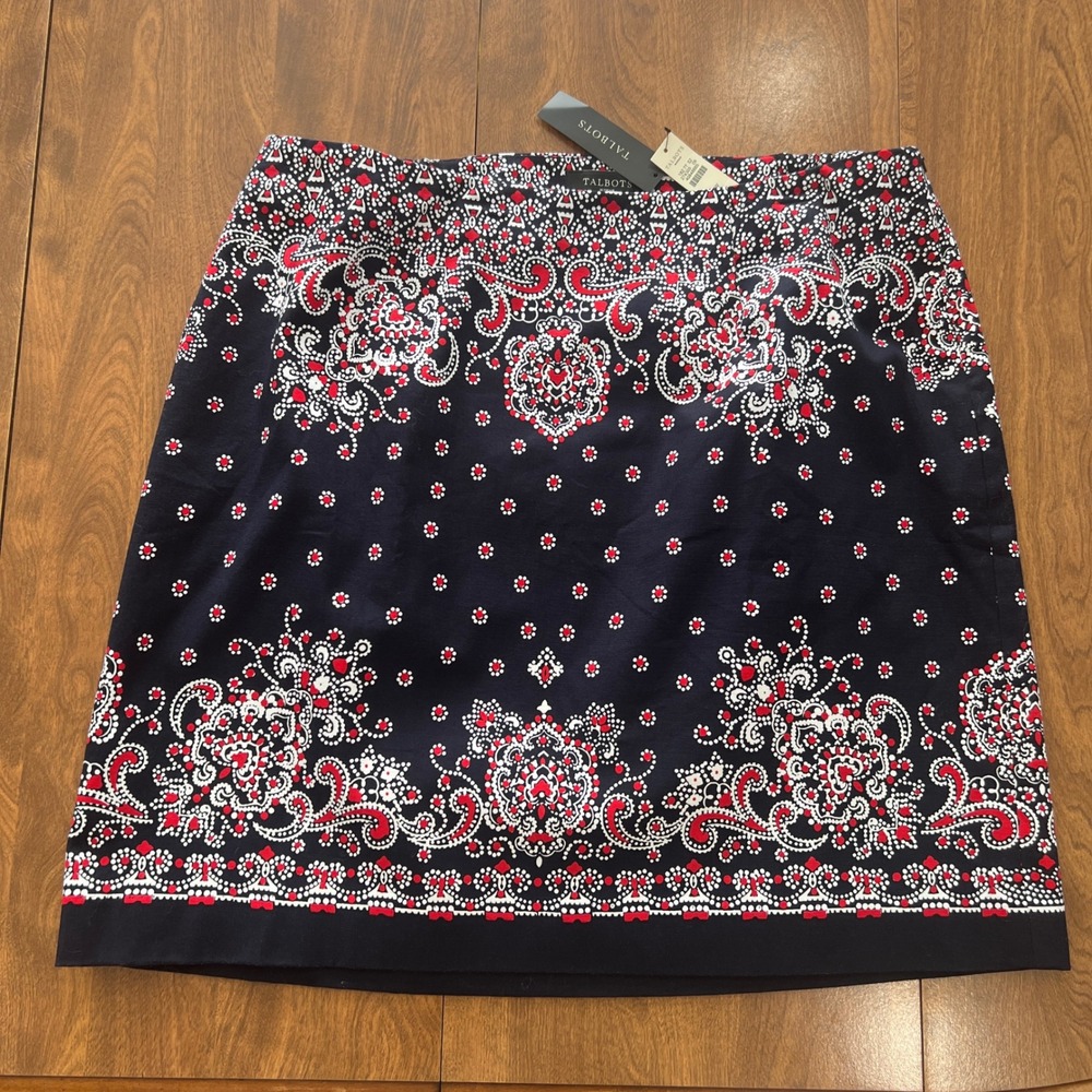 Talbots Woman Navy Red Paisley Cotton Stretch Lined Pencil Skirt 16W NWT